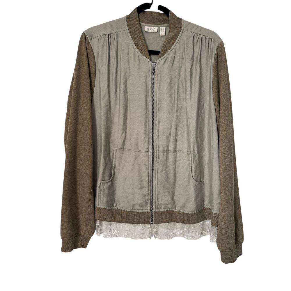 LOGO Lori Goldstein Jacket Womens Size 16 Brown Lightweight Lace Trim Full Zip